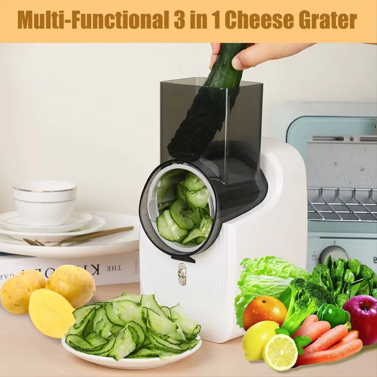

ABJS Electric Cheese Grater,Multifunctional Electric Slicer,Vegetable Slicer, Salad Maker,Food Processor for Kitchen Use