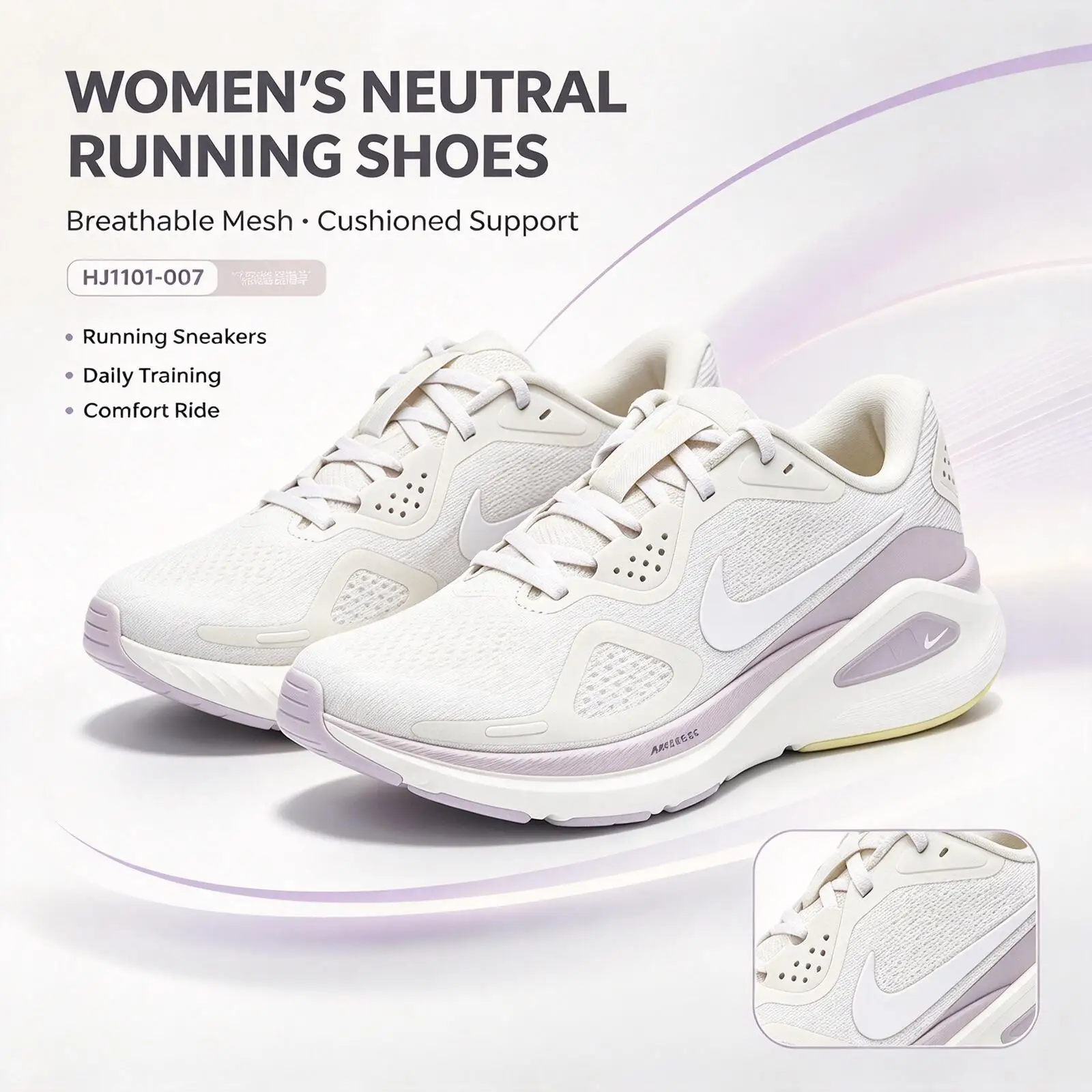 Nike Running Shoes HJ1101-007 Women Neutral Running Sneakers, Off White Mesh Breathable Cushion Athletic Training Footwear