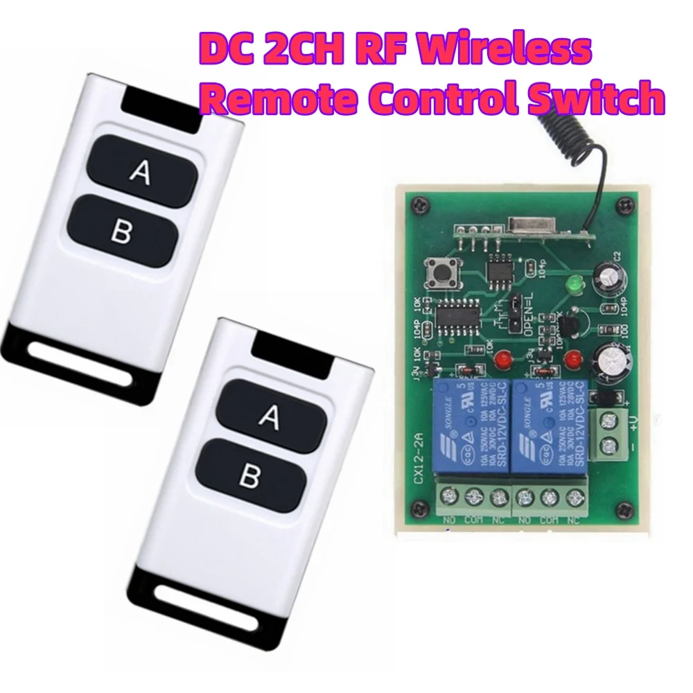 

DC12V 24V RF Wireless Switch 433MHz Transmitter+2CH Relay Receiver, Controlling Motor Push Rod, Solenoid Valve, Car Light Switch