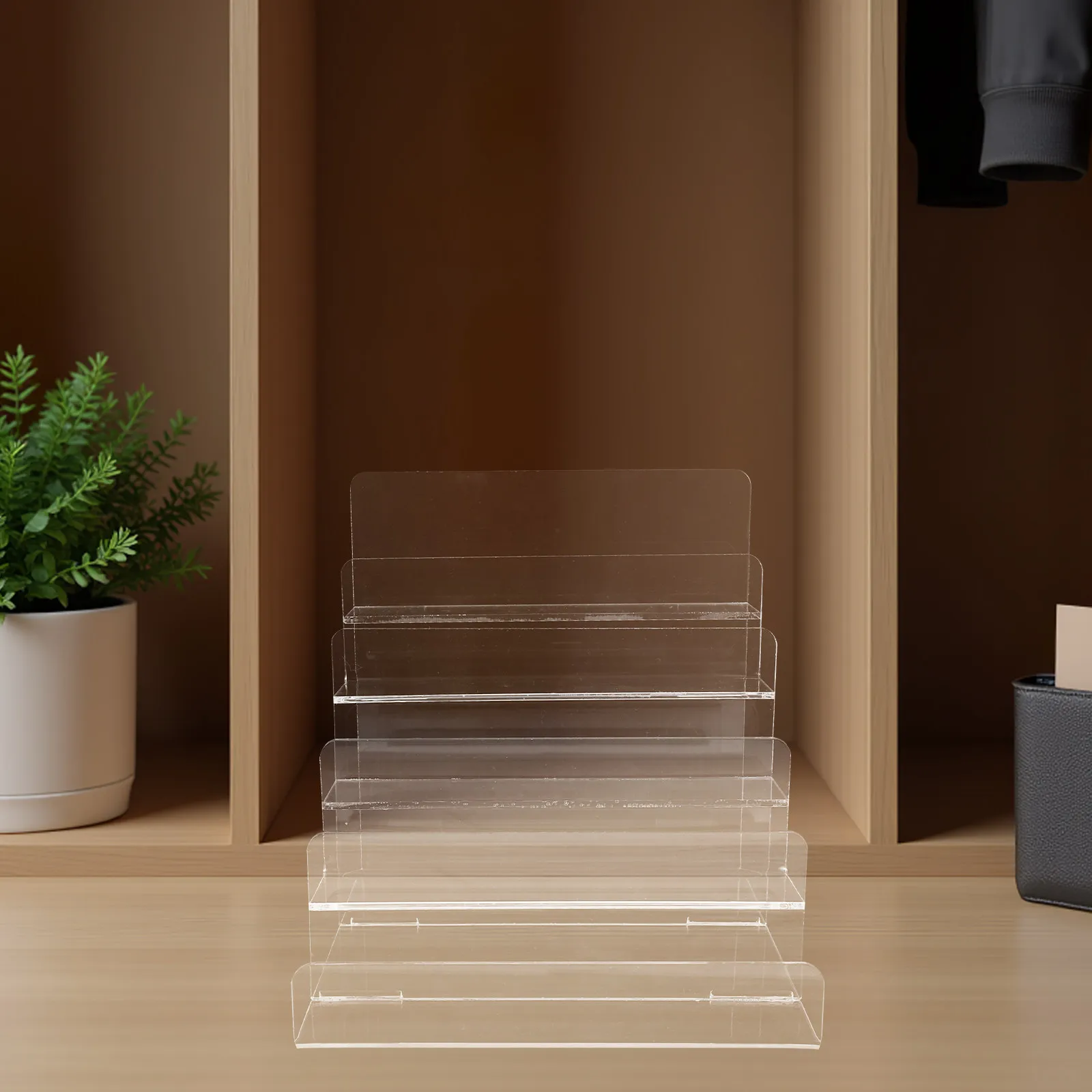 

5 Tier Acrylic Wallet Organizer Display Rack Clear Trapezoid Riser Stand For Sunglasses Jewelry Makeup Perfume Handbag Storage