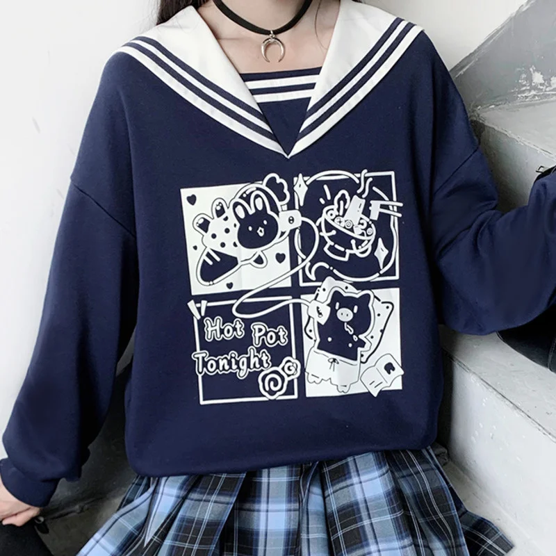 Japanese Preppy Style JK Student Teen Girl Casual Sweatshirt Patchwork Sailor Collar Cartoon Print Kawaii Hoodies Bestie Clothes