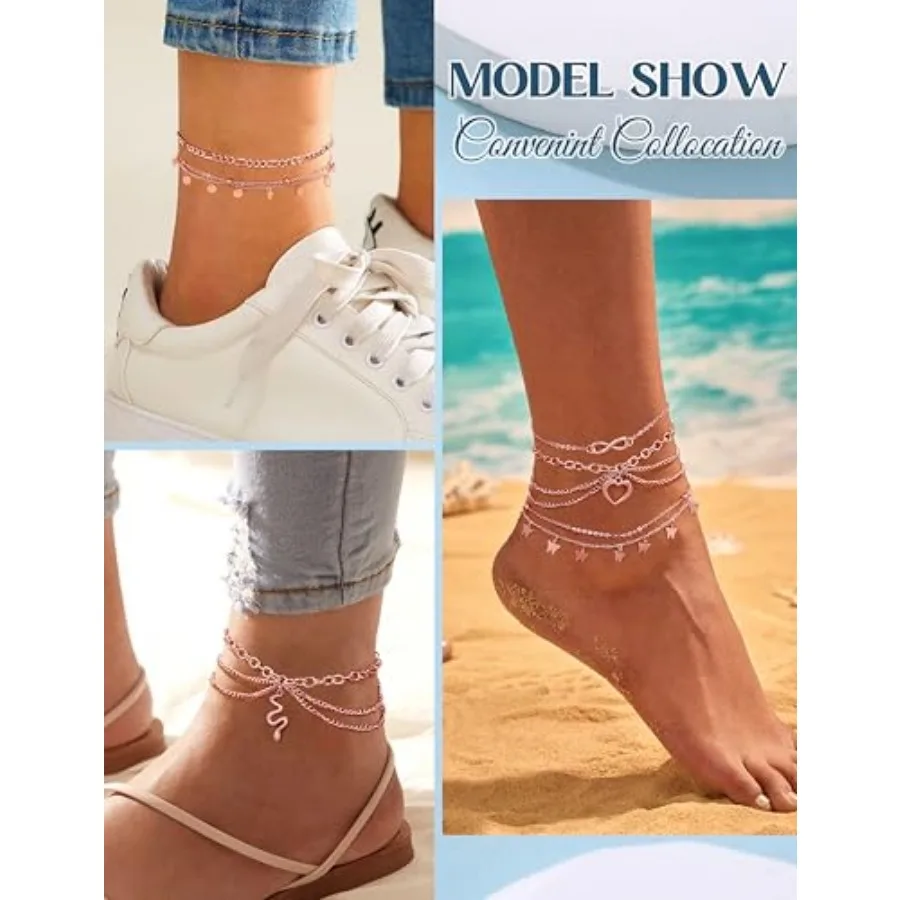 Toe Rings and Ankle Bracelets for Women Silver Rose Gold Plated Anklet Toe Rings Cute Layered Anklets Open Tail Rings Adjustabl view 5