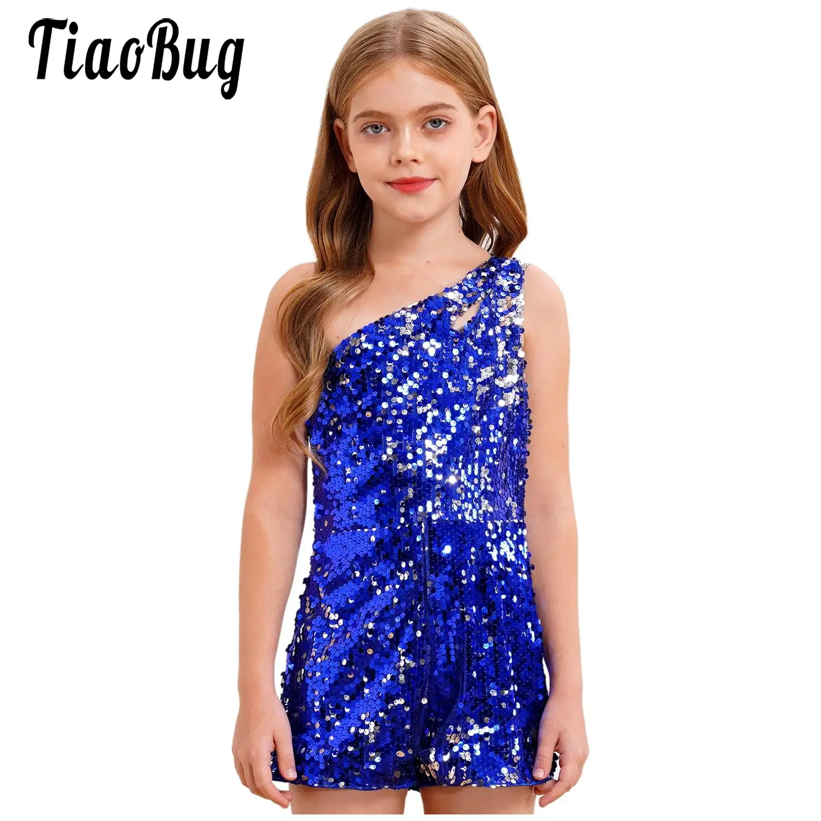 

Kids Girls Shiny Sequin Jumpsuit One Shoulders Sleeveless Short Romper Dance Bodysuit Prom Party Gown Jazz Ballroom Dancewear