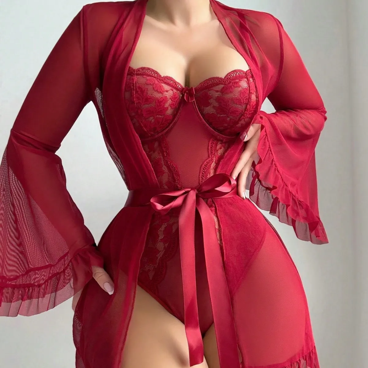 

Sexy Pajamas Nightgowns for Women Solid Color Long Sleeves Lace Up Lace Perspective Jumpsuit Shawl Two-piece Set New