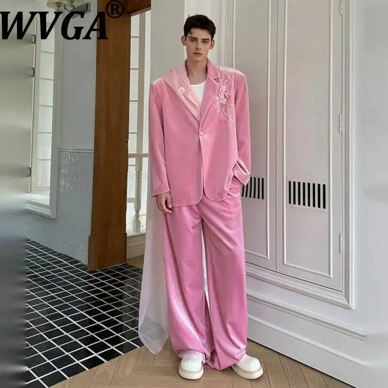 WVGA Spring Autumn New Men High-end Velvet Suits Fashionable Trendy Blazer Niche Chic Casual Wide-leg Pants Two-piece Set W24791