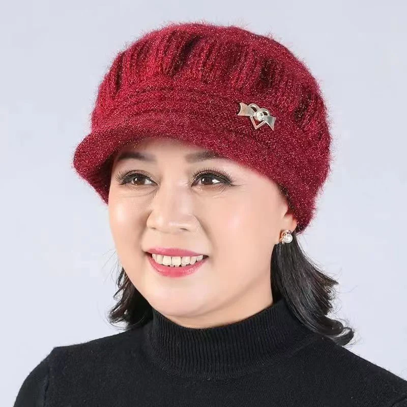 1Pc Winter Visor Hats For Woman Thicker Short Brim Knitted Cap Girls Autumn Metal Embellish Solid Hat Warmer Bonnet Casual Cap