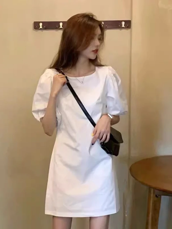 Elegant White Bubble Sleeve Dress Women's Fashion Spring Autumn 2026 New Summer Midi Skirt Korean Style A-Line Dress