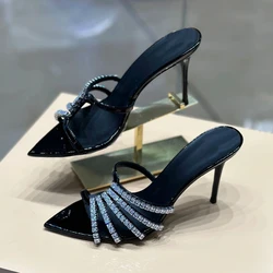 Rhinestone Stiletto Heels Women's 24 Summer New Black Versatile Slippers with Pointed Toe Open Toe Sandals