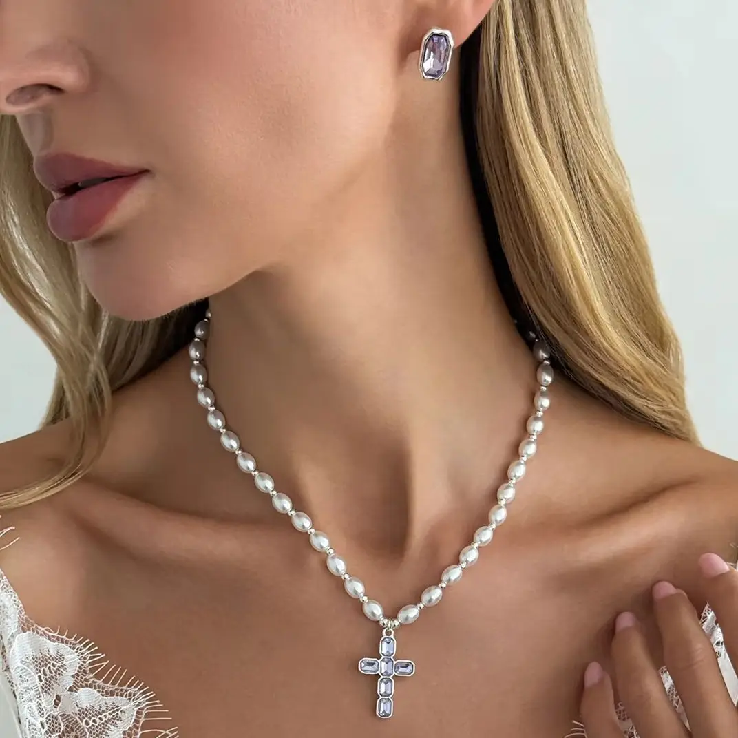 SHIXIN Retro Luxury Elegant Rhinestone Glass Cross Pendant Necklace Stud Earring Set Imitation Pearl Women Fashion Charm Jewelry