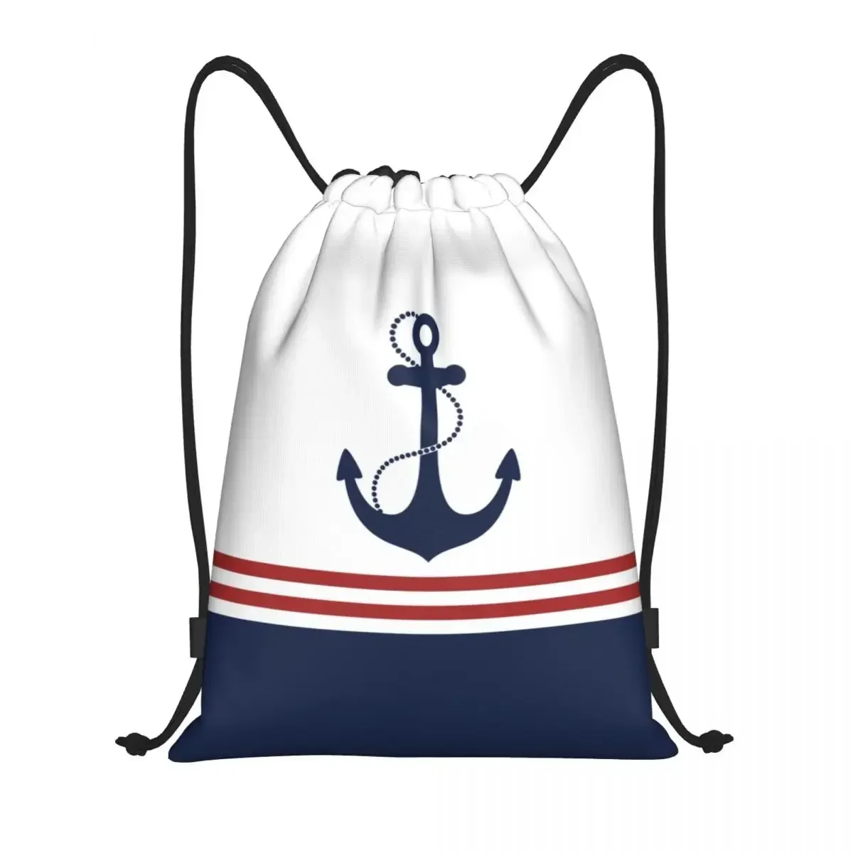 

Custom Nautical Navy Blue Anchor With Stripes Drawstring Backpack Sports Gym Bag for Women Men Sailing Sailor Shopping Sackpack