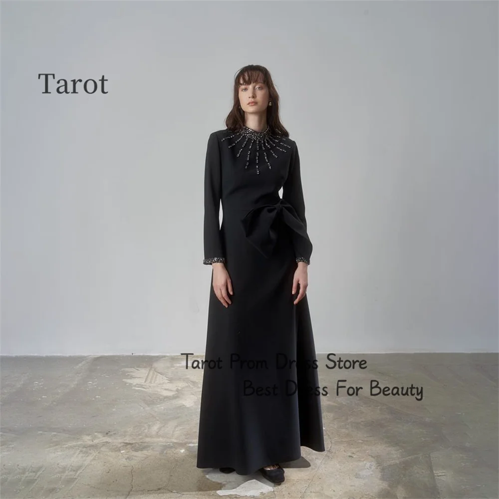 

Tarot A Line Full Sleeves Evening Dresses High Neckline Bow Crystal Wedding Prom Dress Floor Length Formal Wedding Party Gowns