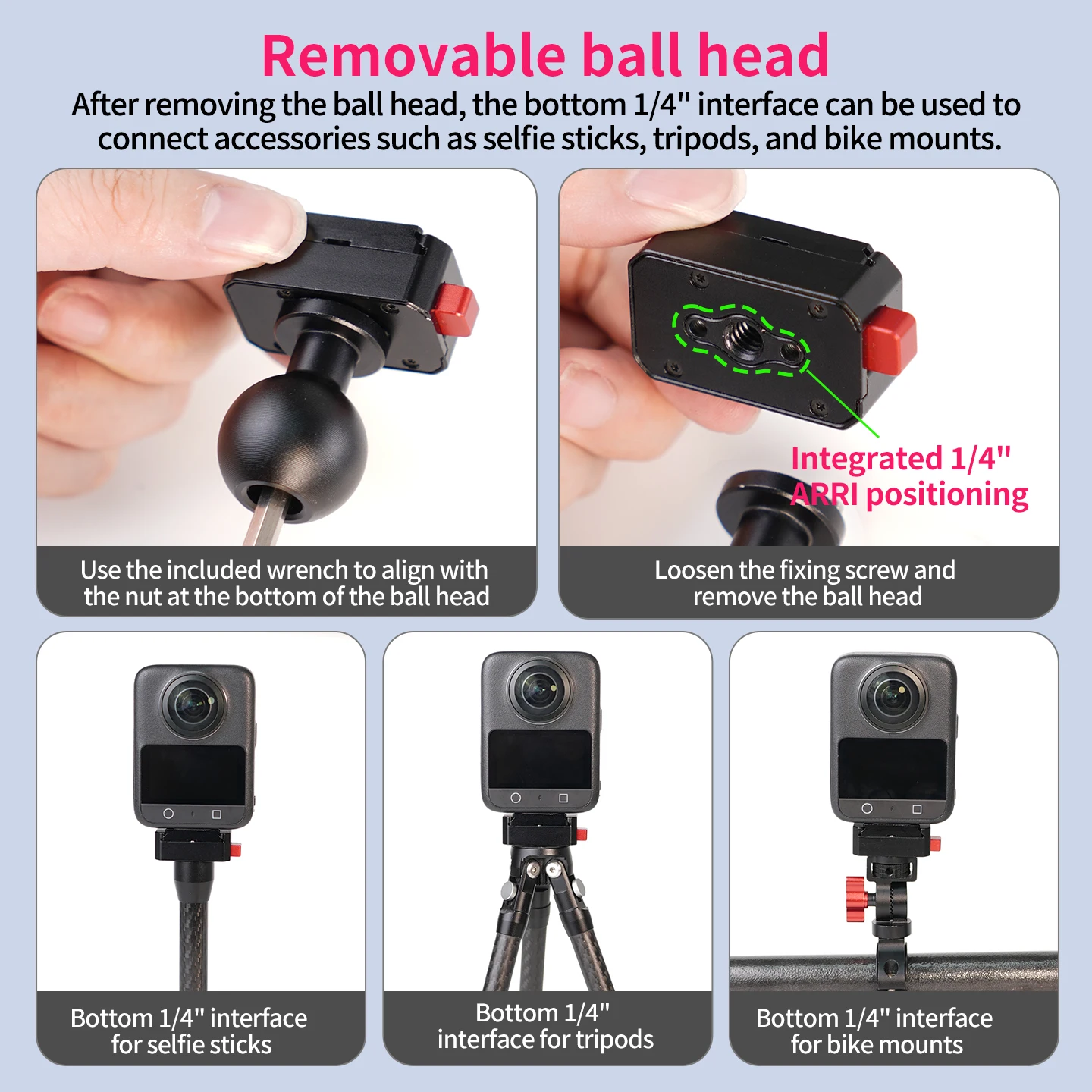 1-Zoll-Kugelkopf-Schnellverschluss-Halterung, 360° verstellbar, keine Blockierung, für Panoramakamera Insta360 X3 X4 X5 für DJI OSMO Pocket Gimbal – Detail 7