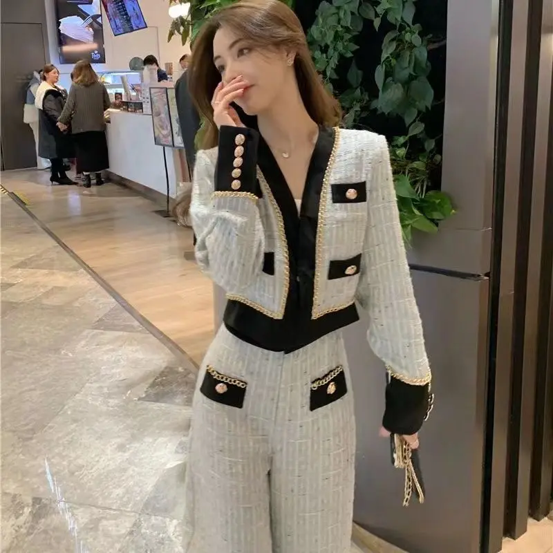 fashion Small fragrance v-neck women 2 pcs set long sleeve elegant pants suits 2024 spring korean chic niche simple two-piece