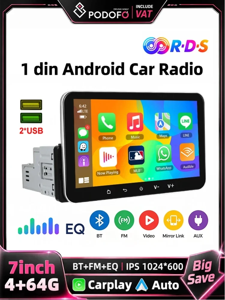 Podofo 7-calowe radio samochodowe 1 Din z Androidem, 4+64G, obsługa Carplay, Android Auto, Bluetooth, WIFI, GPS, FM, RDS, funkcja dzielenia ekranu, EQ, uniwersalny samochodowy odtwarzacz multimedialny — 2