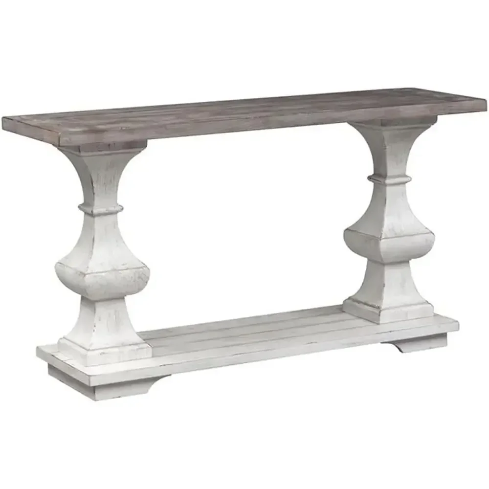 Classic Wooden Sofa Table, Distressed White Finish, Square Legs, Wooden Planked Top and Bottom Shelves, Suitable for Spanish-Sty