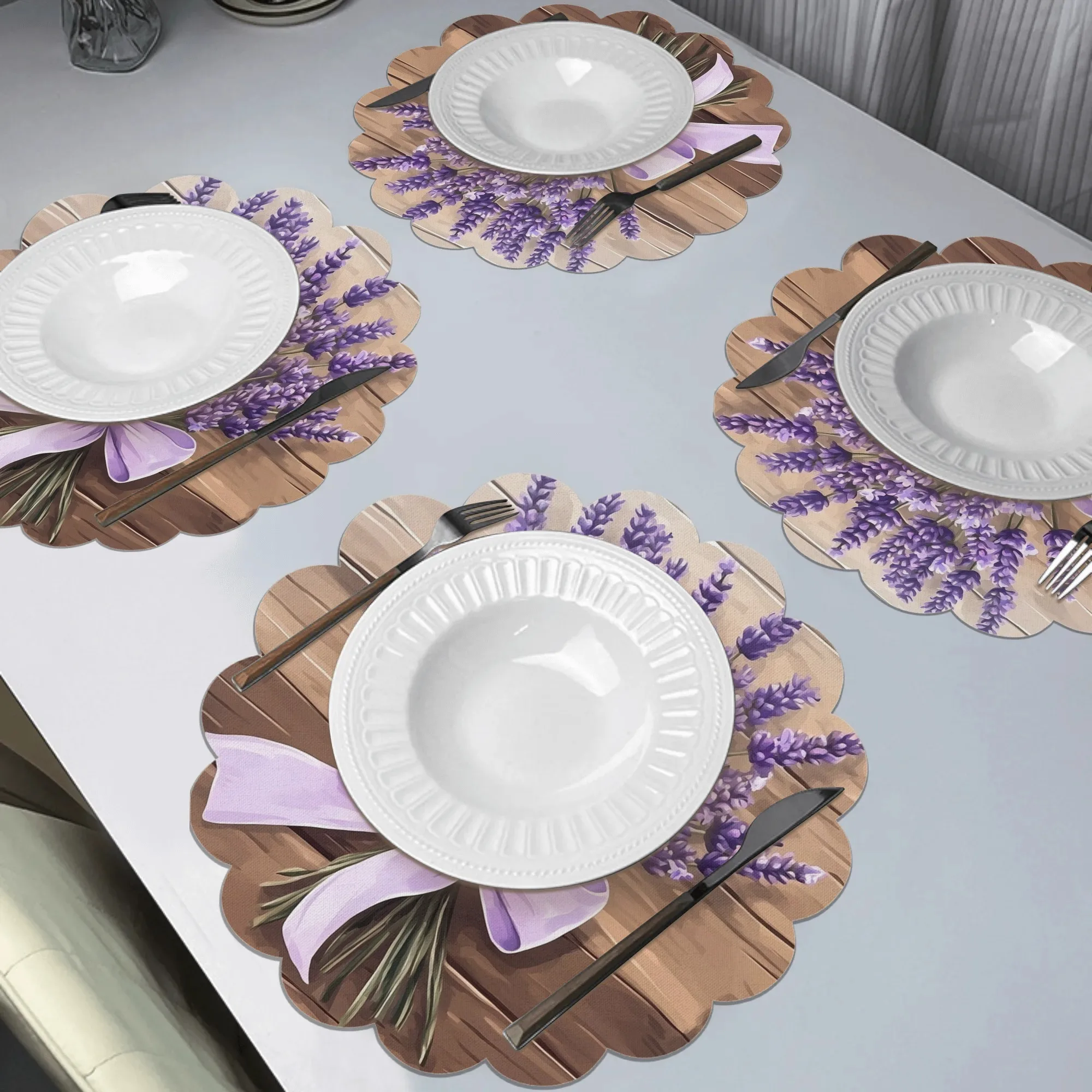 VIKAMA Lavender Bow Scalloped Round Placemat Wood Texture Table Mat Waterproof Heat Resistant Plate Pad Farmhouse Dining Decor