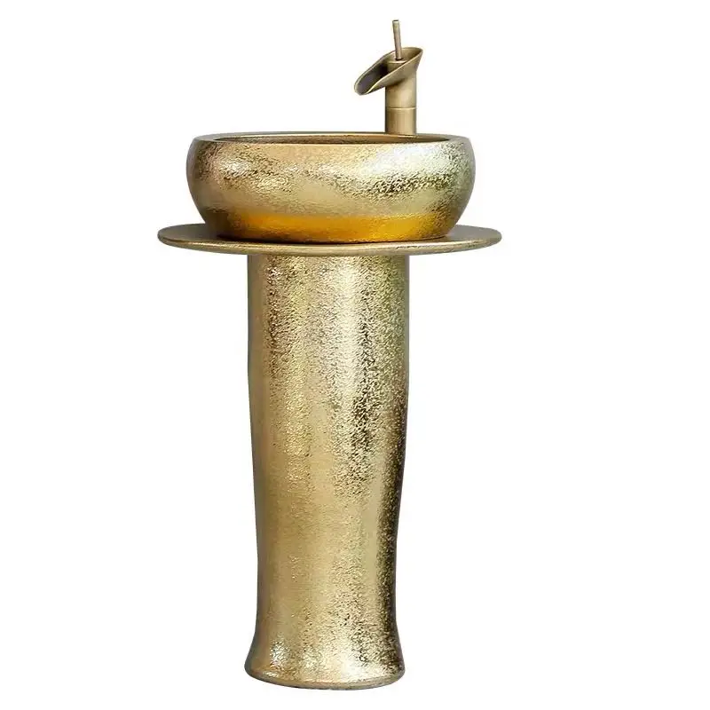 Bathroom Luxury Porcelain Gold Hand Washing Pedestal Sink Basin with Pedestal