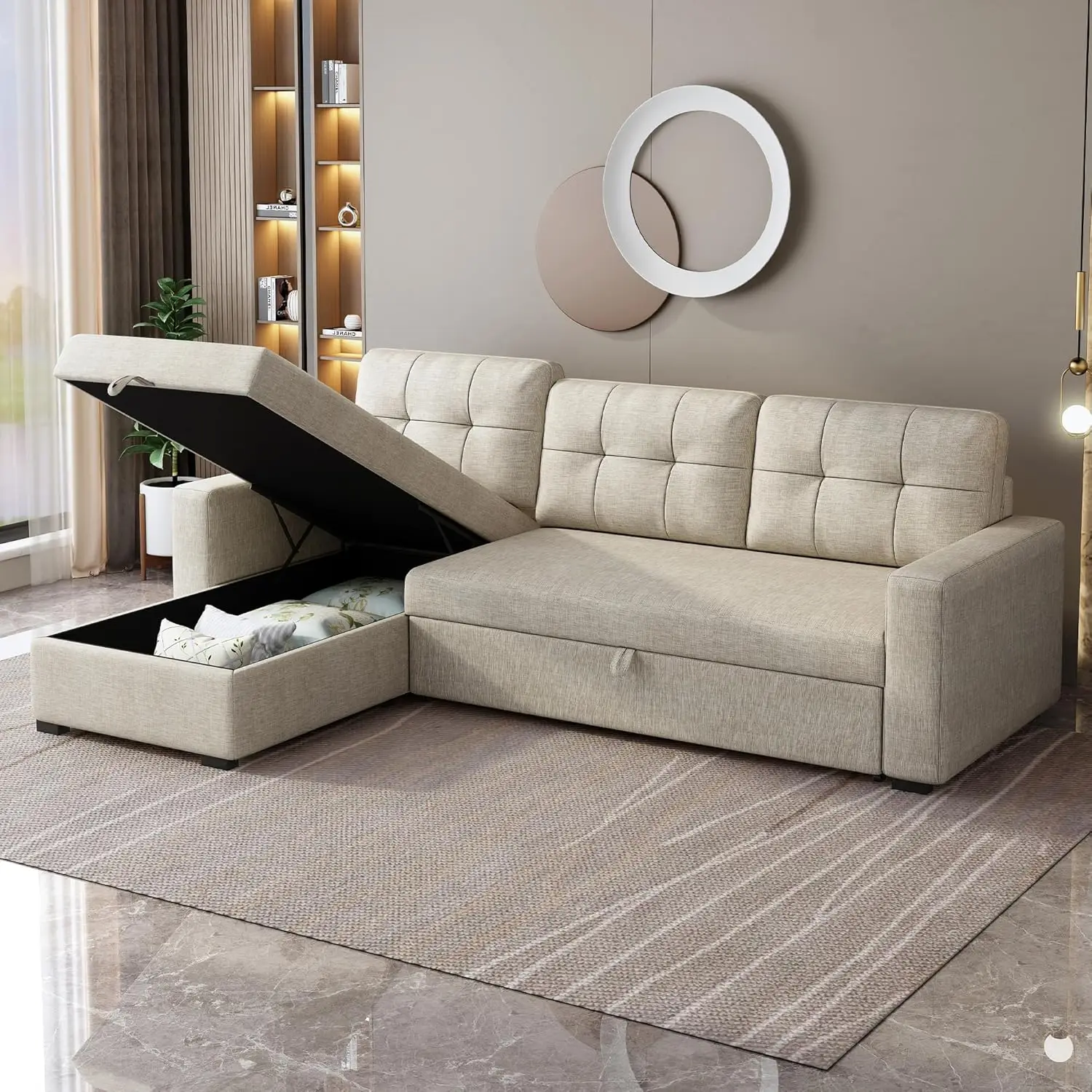 

L-shaped Reversible Sleeper Sofa Bed,Sectional Sofa with Storage Chaise,Convertible Linen Corner Couch,Cushions,Beige