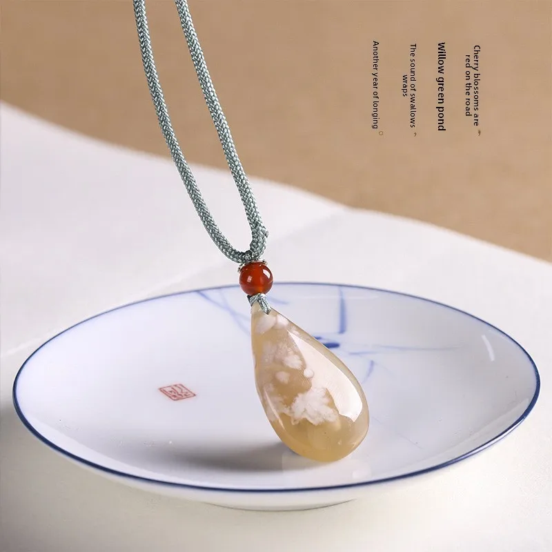 Chinese Style Good Luck Cherry Blossom Agate Water Drop Pendant Necklace Unisex Icy Translucent Floating Flower Blessing Fortune