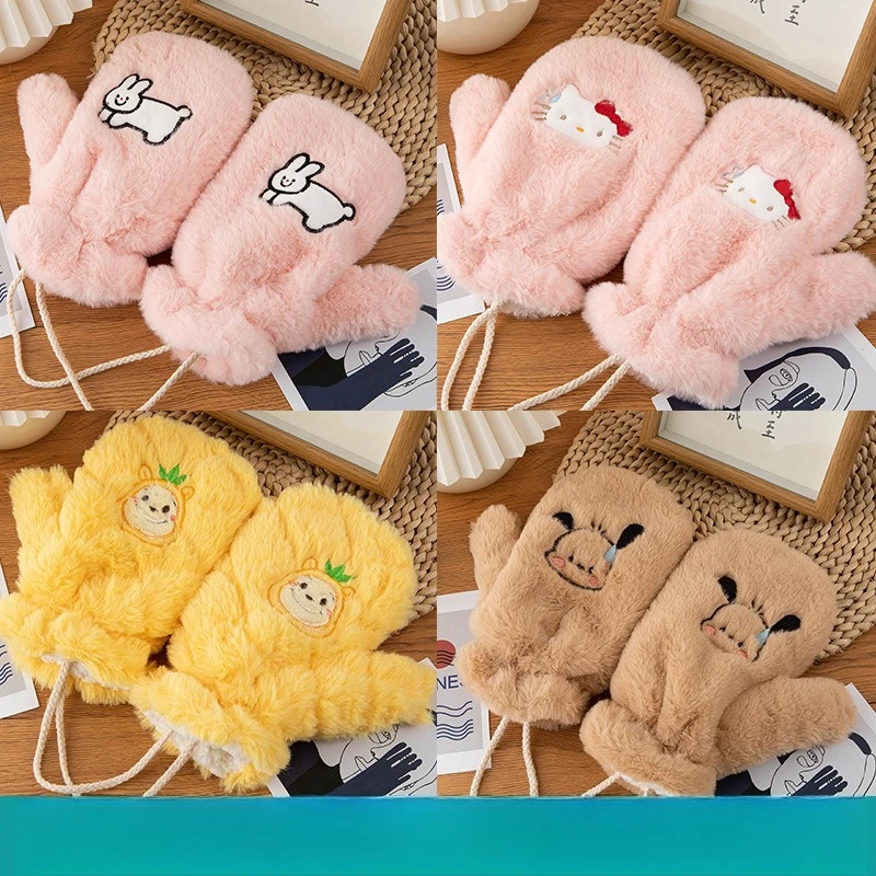 Miniso 어린이 장갑 6 ~ 15 세 새로운 더블 레이어 두꺼운 만화 동물 귀여운 한국어 버전 모조 토끼 머리