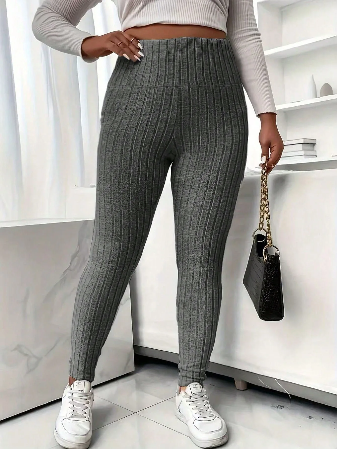 Women Plus Size Vertical Ribbed Knit High Elastic High Waist Tummy Control Slim Leggings Soft Stretchy Daily Lounge Pants