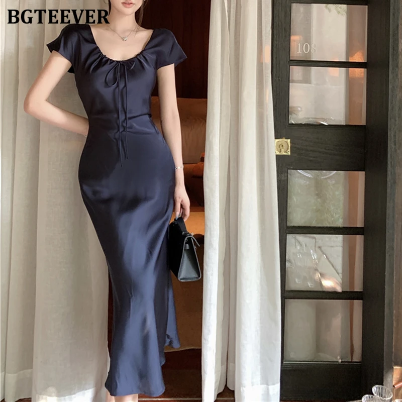 BGTEEVER エレガントなレースアップ半袖女性固体マーメイドドレス春夏ヴィンテージスリム女性パッケージヒップサテンドレス