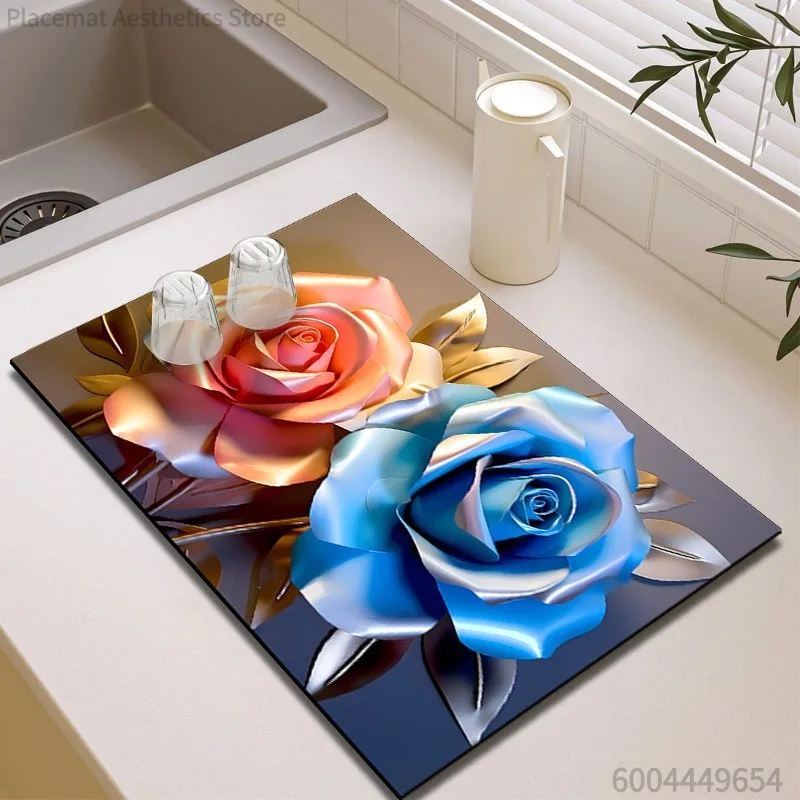 3D Art Flower Rose Marble Print Super Absorbent Drying Mat Waterproof Kitchen Countertop Coffee Maker Drain Pad Decor Placemat