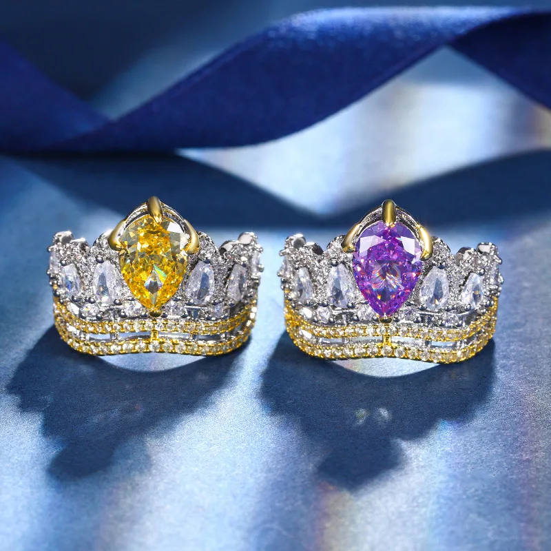 

Crown Design Drop Shape Yellow Purple Crushed Ice Cut High Carbon Diamond Adjustable Women Zircon Ring