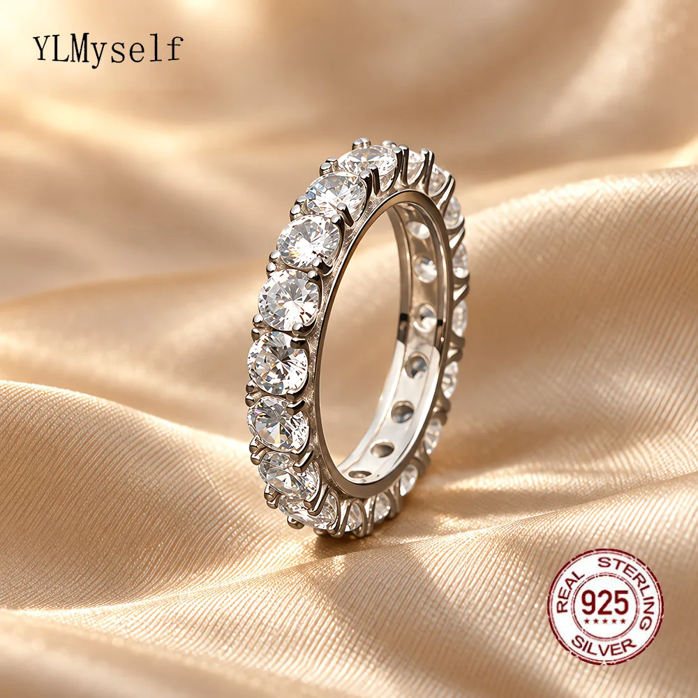 YLMyself Unisex 925 Silver Eternity Ring Pave 4mm Round Cubic Zirconia Hip Hop Rock Style Shiny Jewelry Size 6 To 9