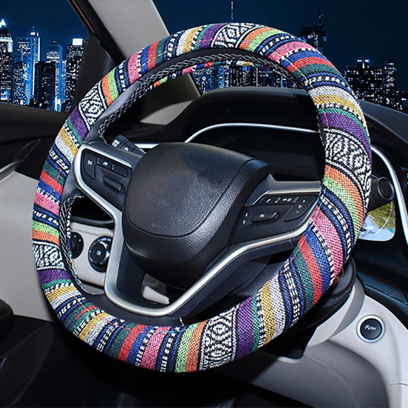 37cm-38cm Ethnic Style Old Coarse Cloth Fax Car Steering Wheel Cover Retro Breathable slip Auto Handle Set Steering Wheel Cover