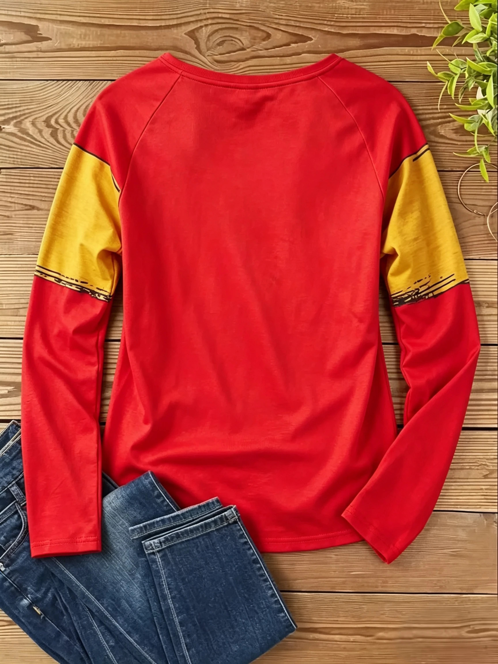 Sports Fan Red Yellow Color Block Football Print Notch Neck 3 Button Raglan Long Sleeve Women Daily Casual Blouse