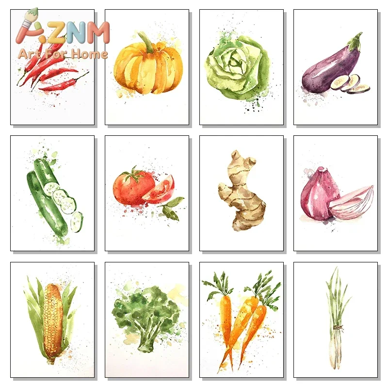 (2D canvas painting)  Watercolor Vegetable Pumpkin Tomatoes Carrot Onion Posters Prints Canvas Printing Wall Art Picture for