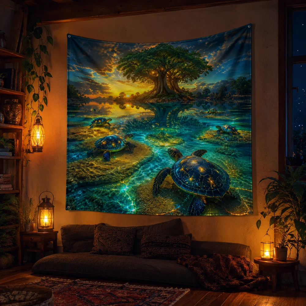 Mystical Blue Glowing Cave Tapestry, Enchanted Waterfall Wall Art for Dark Aesthetic Room