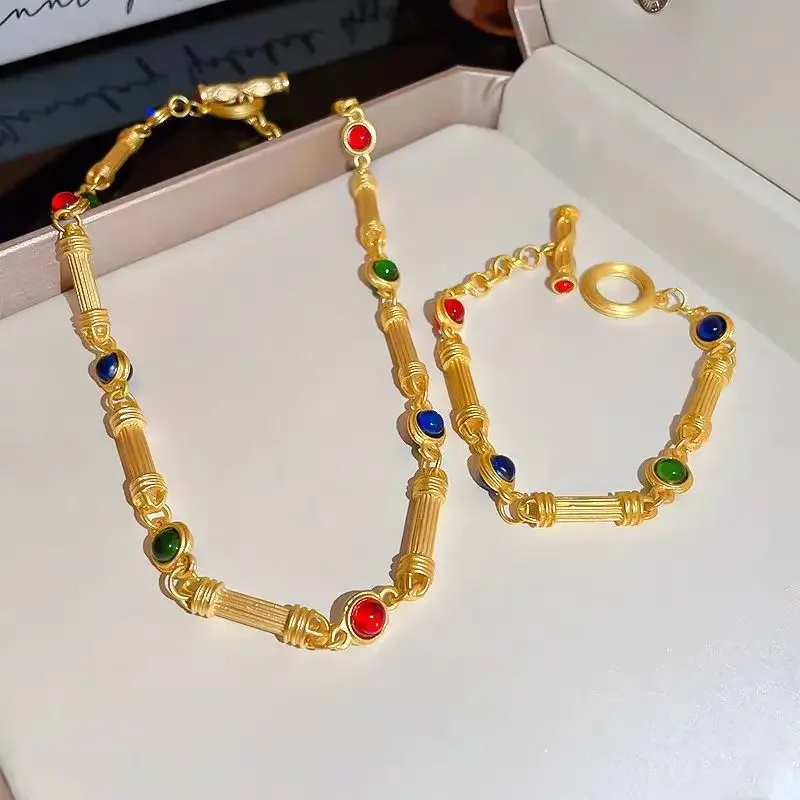 

Fashion 24K Real Gold Court Style Bracelet Necklace Set Women's Au9999 Gold Temperament Light Luxury Bracelet High-grade Sense
