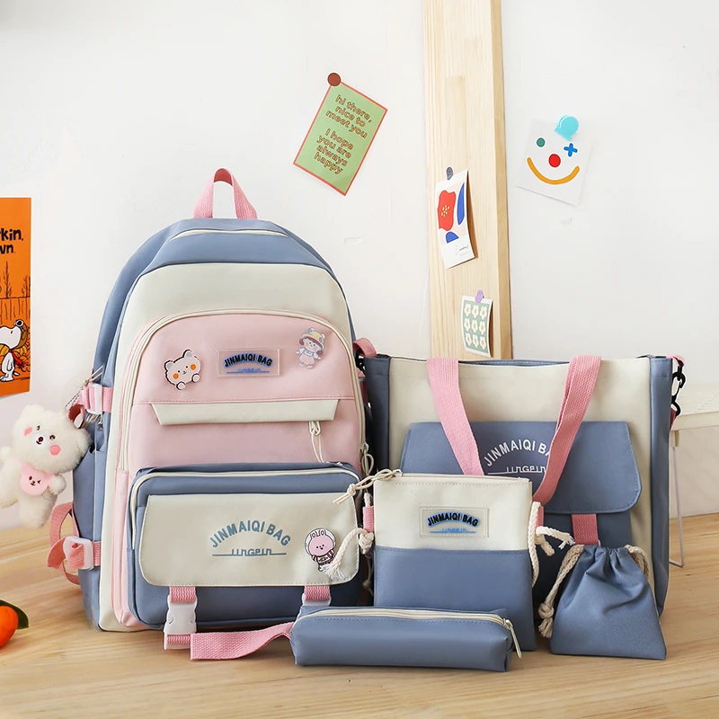 5 Pcs Sets Children's School Backpack Kawaii Women's Backpack Bookbag School Bags For teens Girls mochilas College Student Bag56