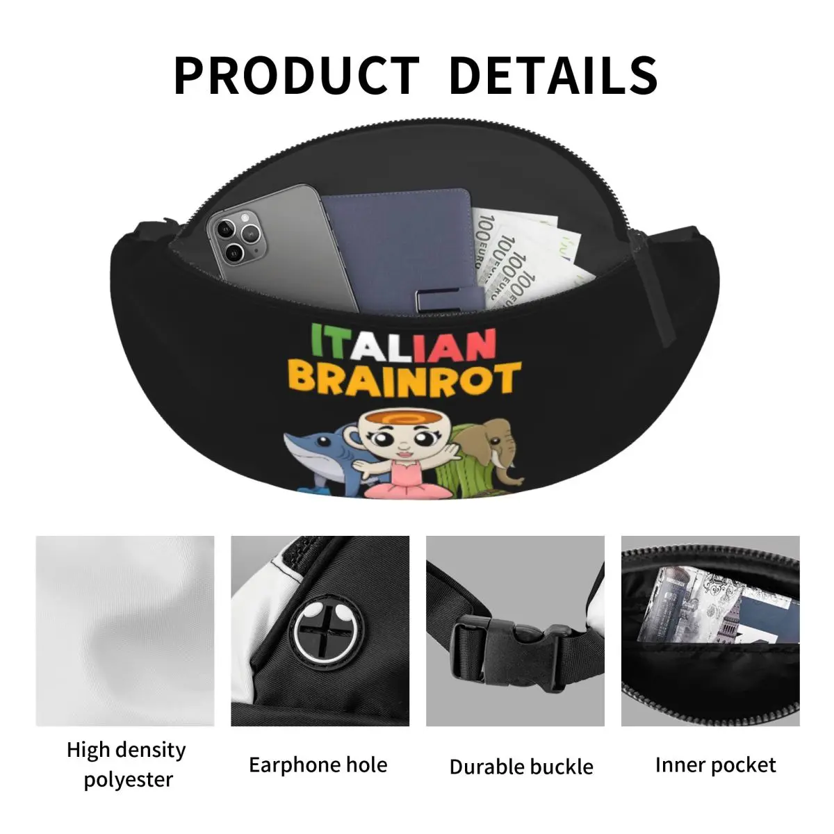 Marsupio italiano personalizzato Brainrot da donna, uomo, animali, cartone animato, marsupio a tracolla per custodia per soldi per telefono da viaggio