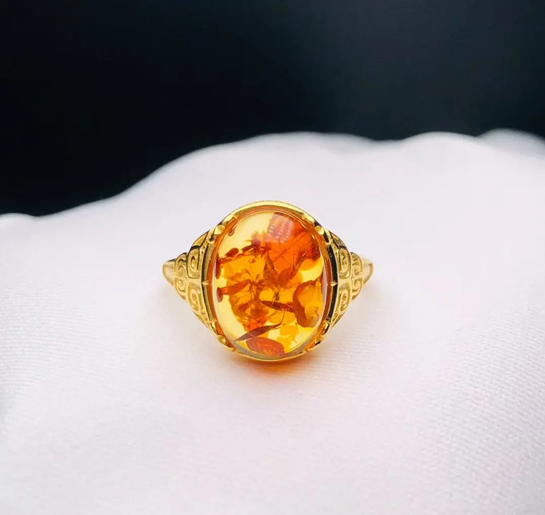 Certificated 925 Silver Natural Piebald Floral Amber Chunky Statement Solitaire Ring For Women Men Retail Real Gems Fine Jewelry