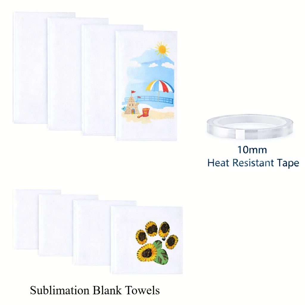 9PCS Sublimation Blank Towels Set with 10mm Heat Resistant Tape, 4PCS 30x30cm & 4PCS 40x60cm White Towels for Heat Transfer Prin