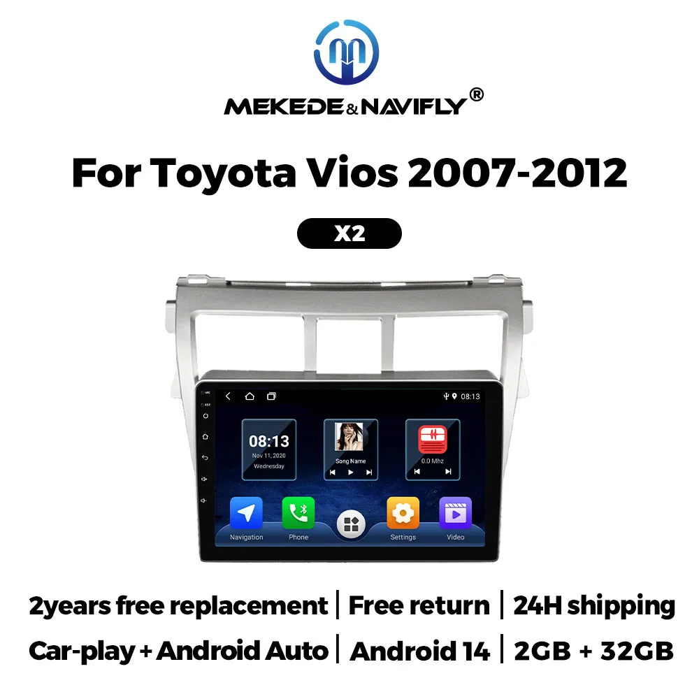 Android 14 Car Stereo Radio For Toyota Vios Yaris 2007 - 2012  GPS Navigation 2 Din Multimedia Player Android-Auto Carplay