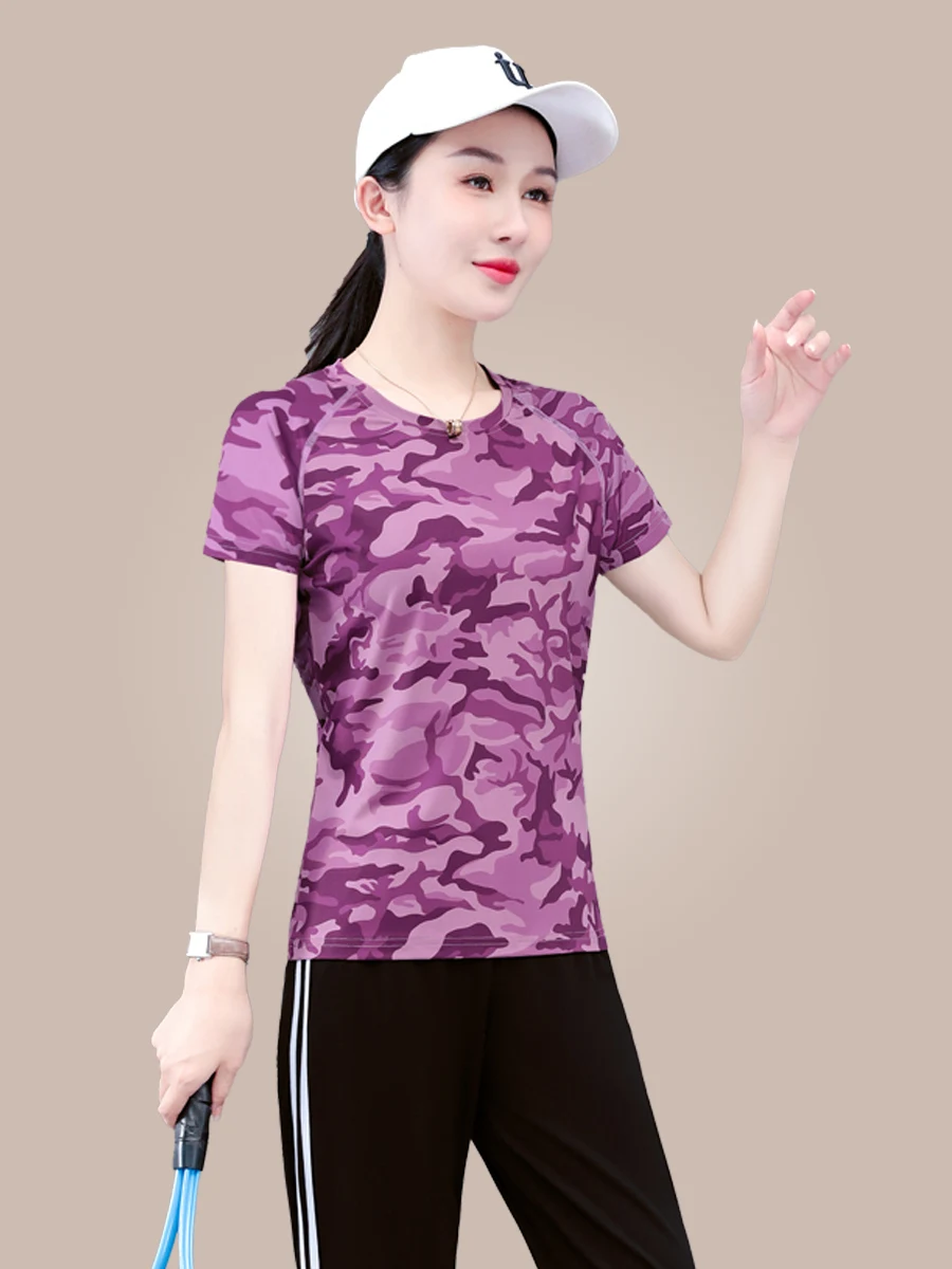 

Камуфляжный спортивный комплект из ледяного шелка с быстрым высыханием: футболка с круглым вырезом и длинные брюки, дышащий комплект из двух предметов для женщин, лето 2026