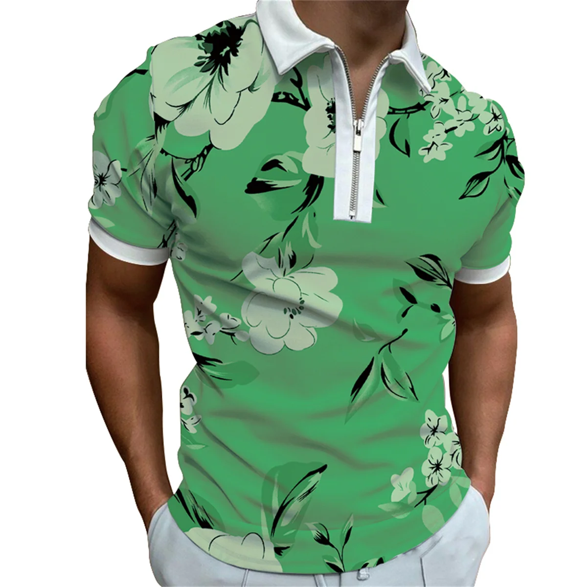 Herren Frühling und Sommer Kurzarm Casual Poloshirt Herrenmode Persönlichkeit bedruckt Reißverschluss Revers Polo T-Shirt