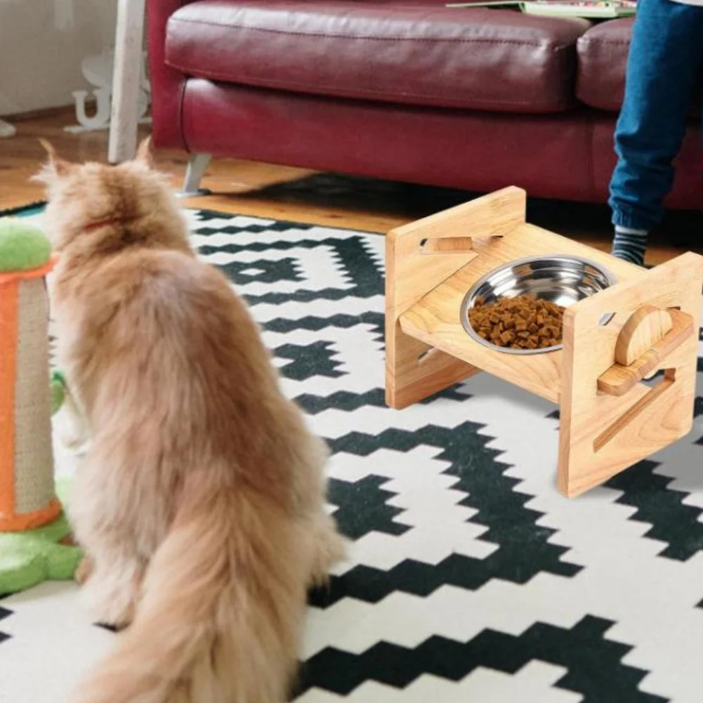 Elevated Wooden Pet Bowl Stand Adjustable Feeder Holder for Cats Dogs Sustainable Wood Material 23.5x15x16cm Compact Fit