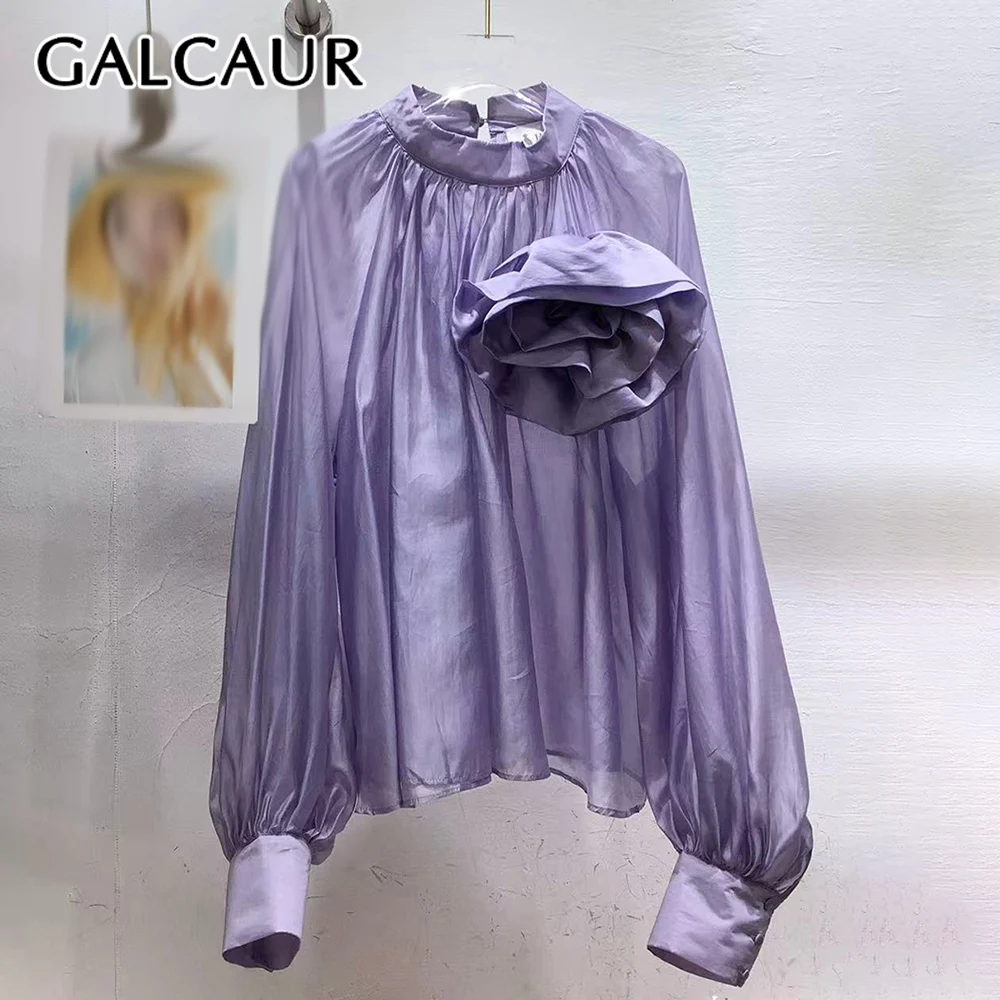 

GALCAUR однотонная шикарная рубашка с 3D цветочным принтом, женская рубашка с воротником-стойкой и длинным рукавом, свободный дизайн, нежные женские рубашки, осенняя мода, новинка