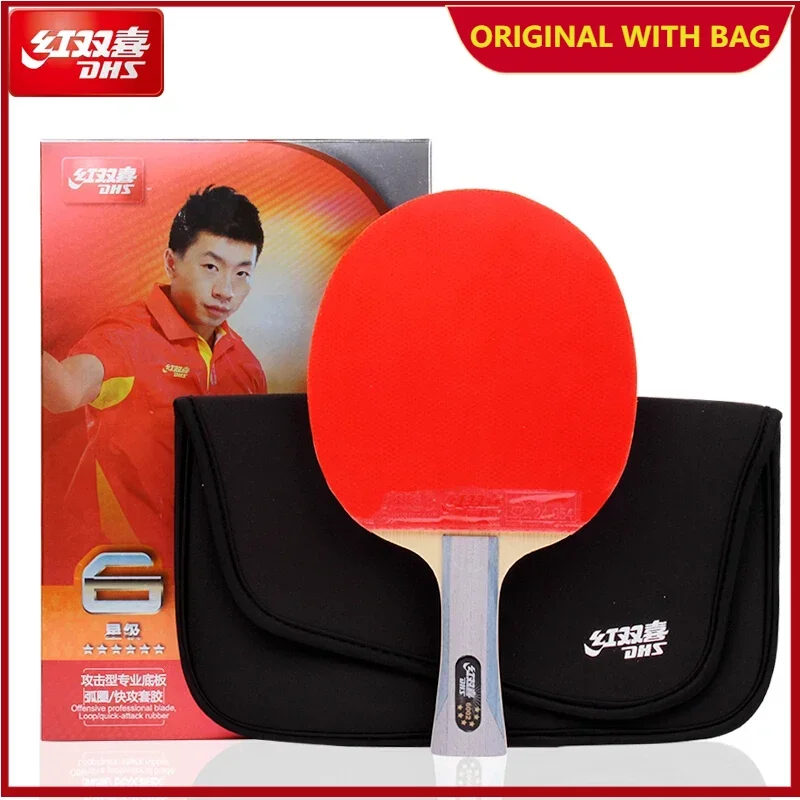 Dhs 6 estrelas 6002 6006 raquete de tênis de mesa com furacão 8 e arco de lata borracha fl alça shake segurar bastão de ping pong com bolsa