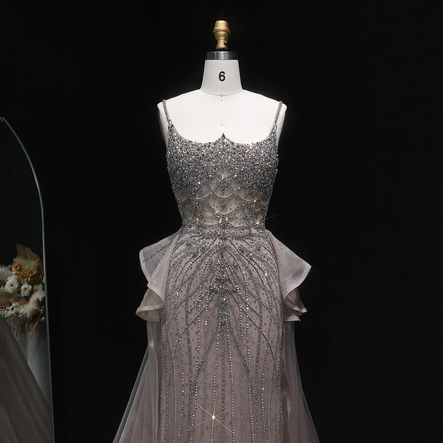 Sharon Said Dubai Rosa Meerjungfrauen-Abendkleid mit Überrock, Rüschen und Spaghettiträgern für Damen, Hochzeitsfeier, Ballkleid SS026, maßgeschneidert – Detail 14