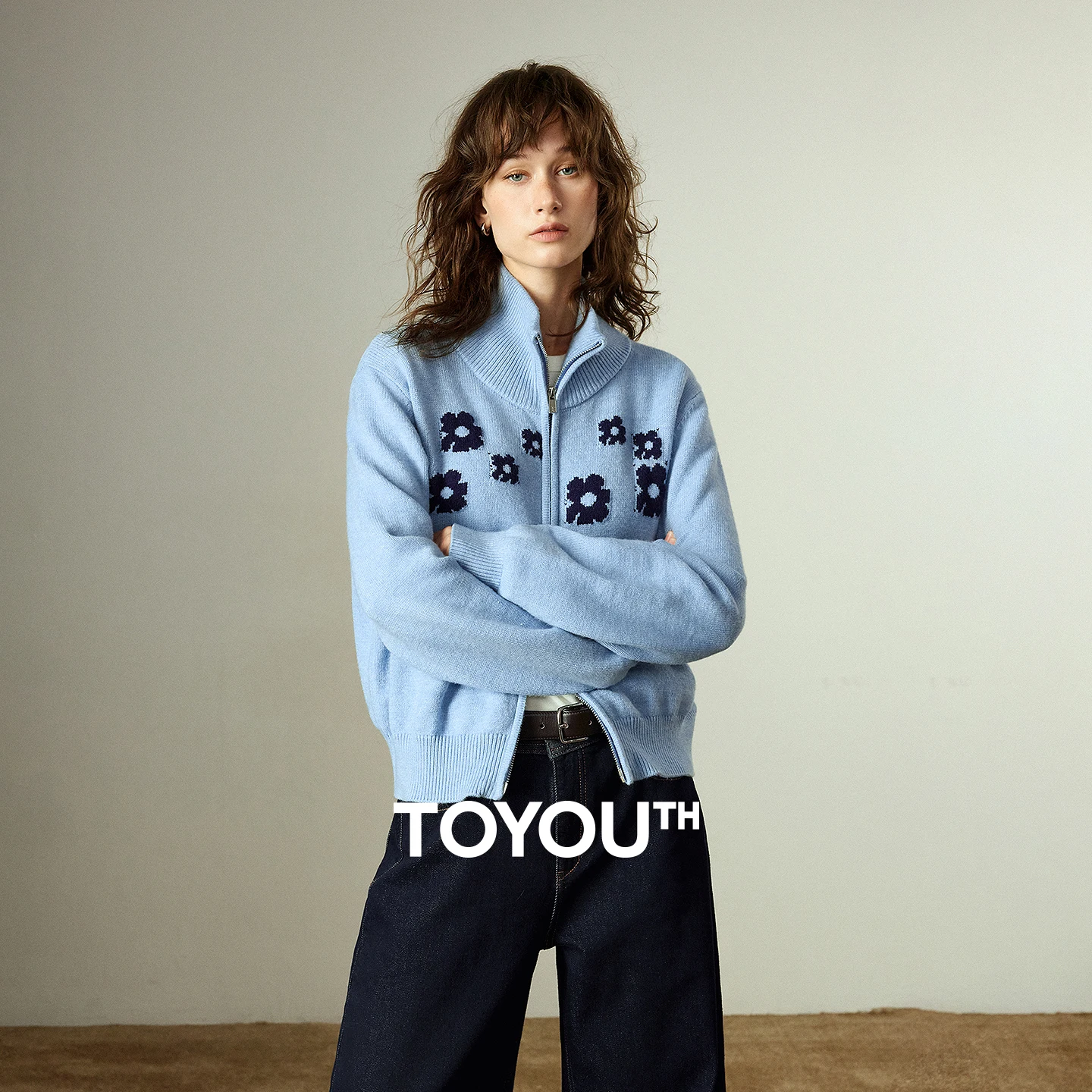 

TOYOUTH Women Sweaters 2025 Winter New Zipper Stand Collar Green Aster Pattern Soft Core-spun Yarn Casual Outerwear