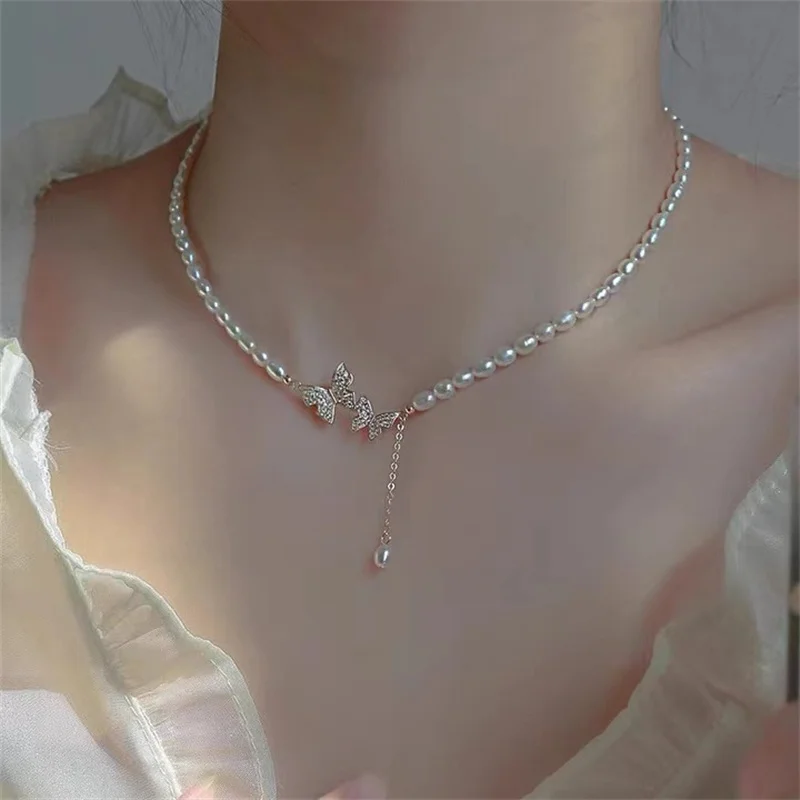 Butterfly Pearl Pendant Necklace Choker Gift for Women Shiny Pearl Pendant Jewelry Elegant Asymmetrical 2024 New Party Jewelry
