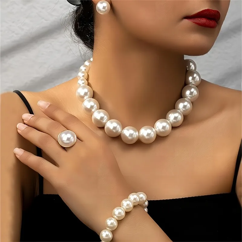 Retro French style five piece jewelry set - elegant necklace, bracelet, earring, and women's ring - sexy and cute fashion accessory for weddings, luxurious style