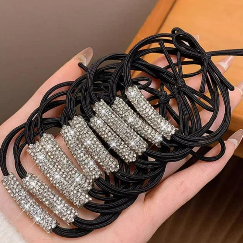 1/20 Uds. Bandas de goma brillantes con diamantes de imitación para mujer, bandas para el cabello negras con diamantes sin costuras, cuerdas elásticas para el cabello, accesorios para el cabello de moda 2024