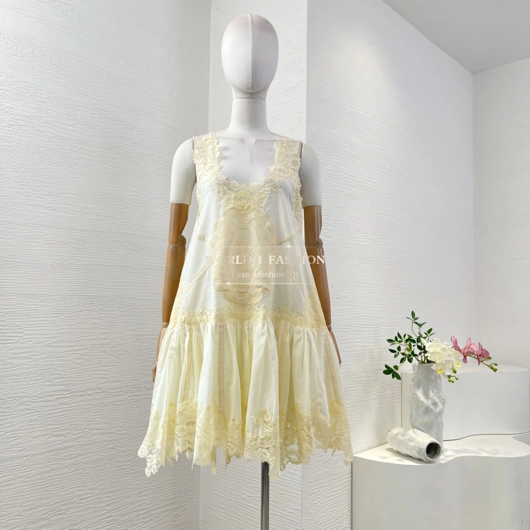 

Beige Sleeveless Embroidery Lace Ruffles Frilled Mini Dress